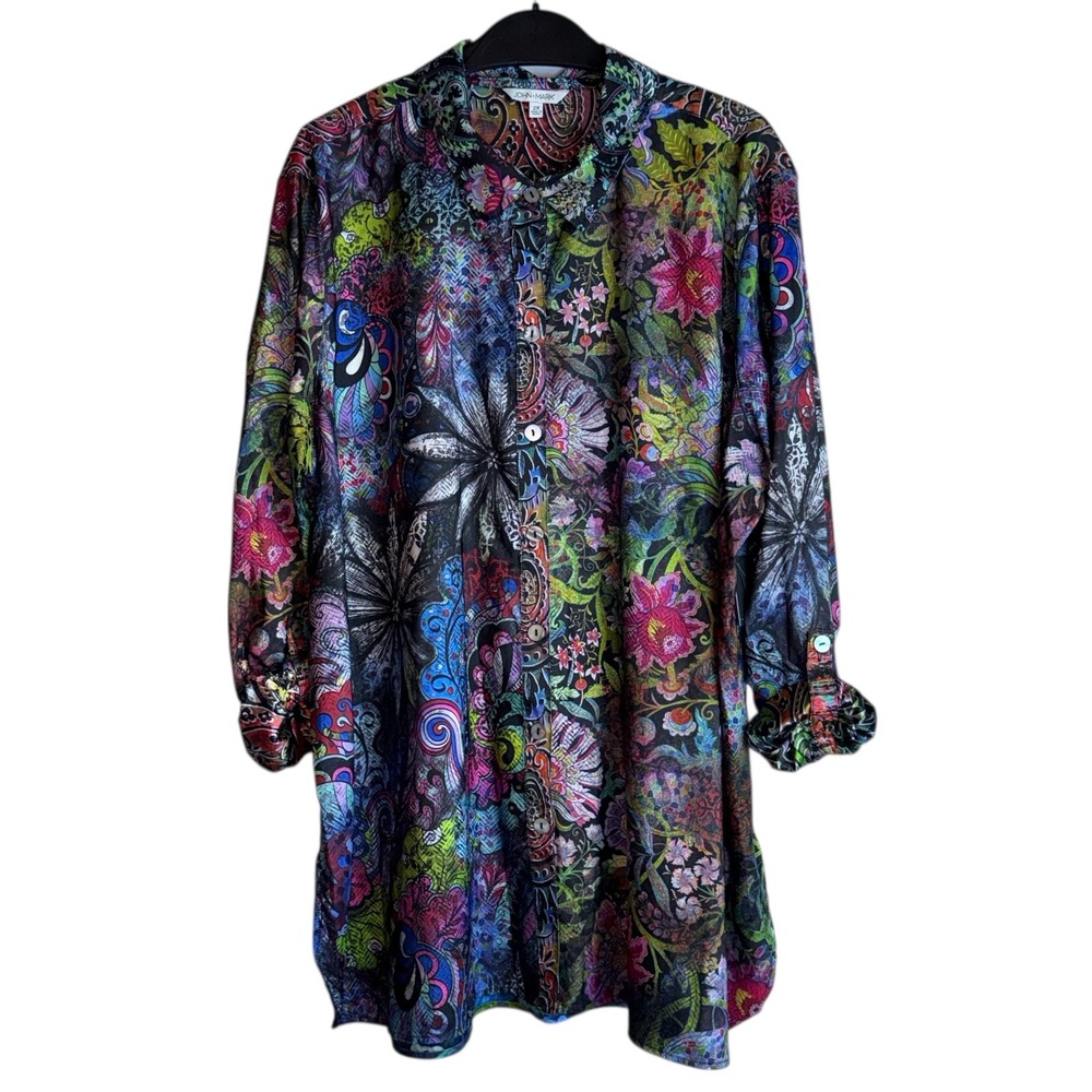 John Mark Womens 2X Black Red Blue Roses Satin Long Sleeve Shirt NWT